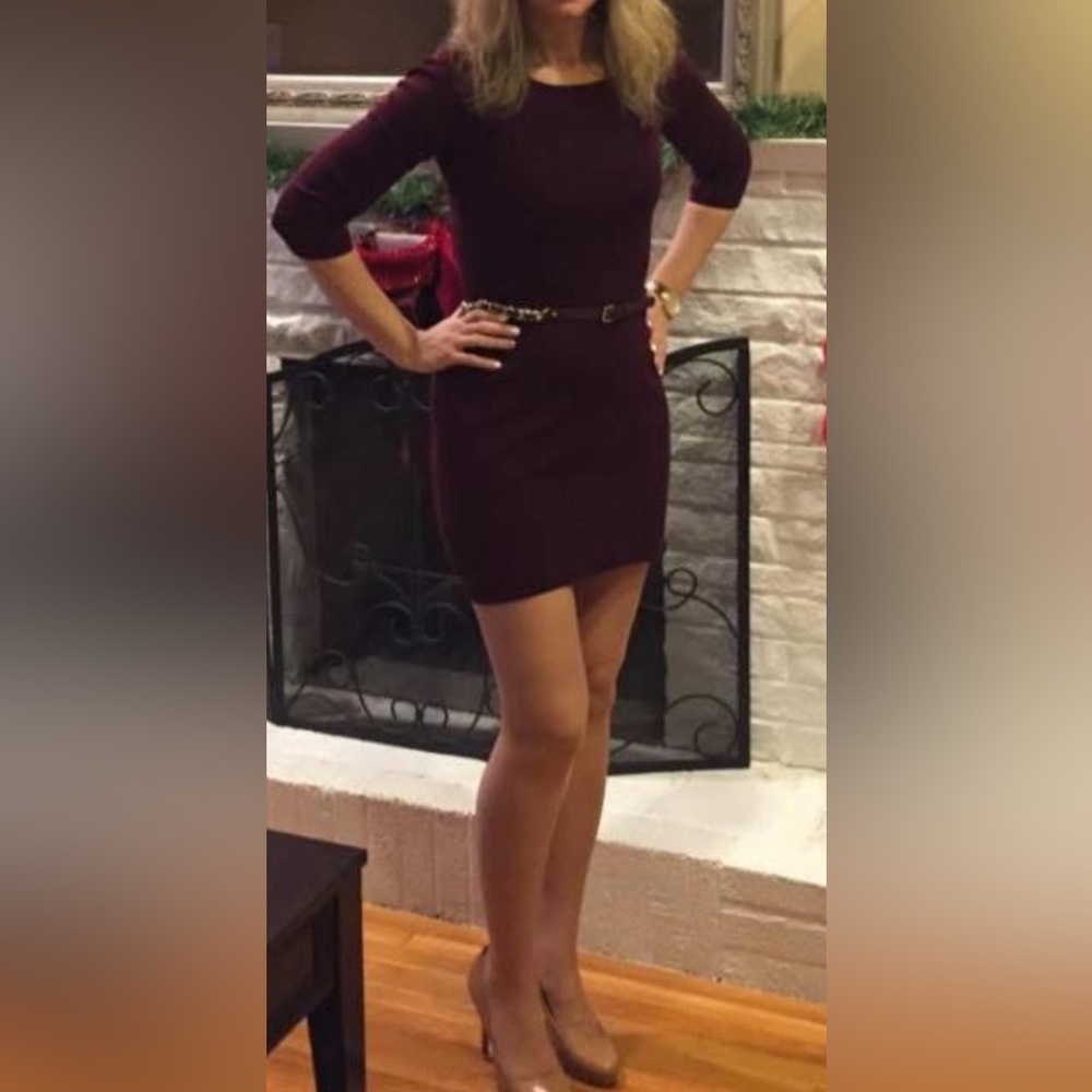 INC International Concepts Burgundy 3/4 Sleeve Sweater Dress with Chain Belt